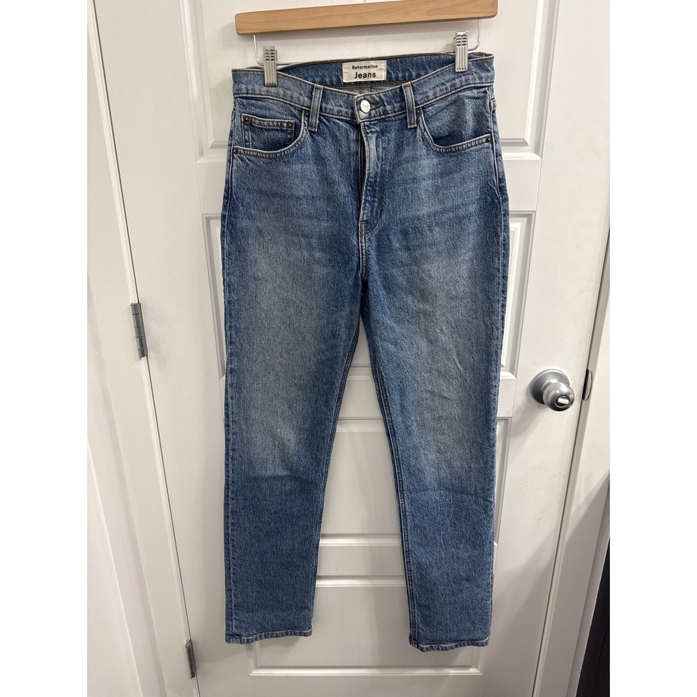 Reformation Jeans Medium Wash Blue Lizard High Rise Straight Leg Denim Pants 27